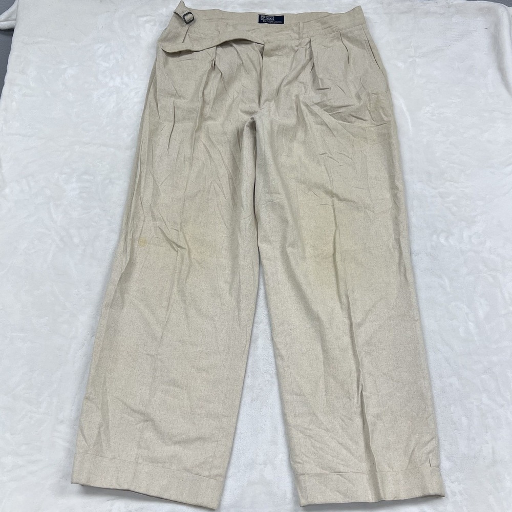 VTG Polo Ralph Lauren Trousers Mens 38 Beige Cotton Linen Pleated Buckle Waist